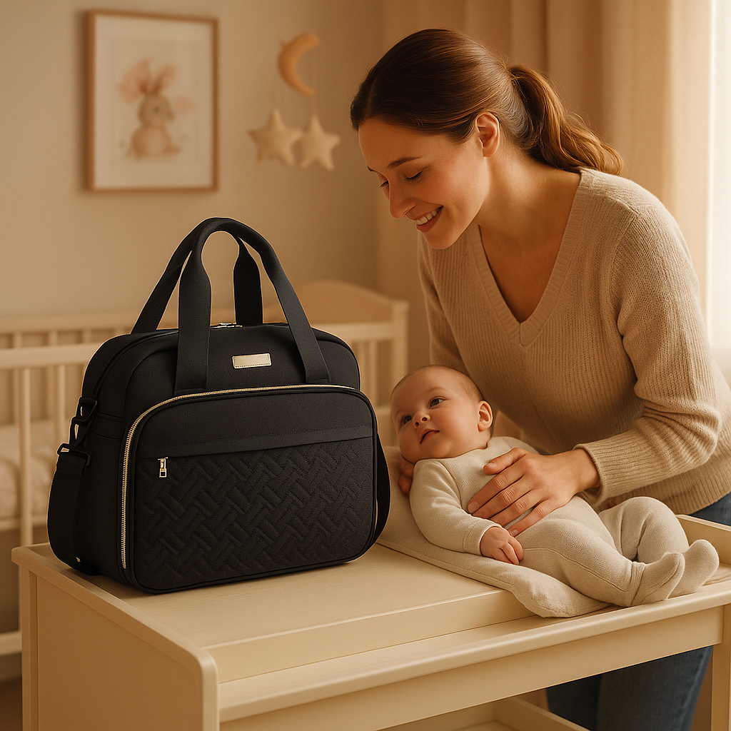maman avec bebe dans chambre avec le sac vue de face