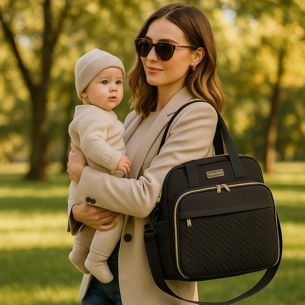 maman avec son bebe portant le sac langer